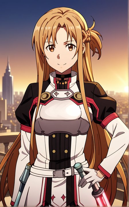 score_9, score_8_up, score_7_up, absurdres, contrapposto, hand on hip, sunset, sidelighting, cityscape, vanishing point, outdoors, depth of field, solo, looking at viewer, <lora:PONYXL_SAO_AsunaYuuki_ownwaifu:1>, BREAK BlackDress_Asuna_ownwaifu, 1girl, asuna (sao), brown eyes, brown hair, french braid, long sleeves, white gloves, long hair, choker, bangs, braid, jacket, sheath, rapier, dress, medium breasts, parted bangs, sidelocks, breasts, jewelry, sheathed, armor, shiny hair, uniform, black choker, blonde hair, half updo, red pants, belt, white armor, skirt, white jacket, black shirt, puffy sleeves, short dress, <lora:add-detail-xl:0.15>,