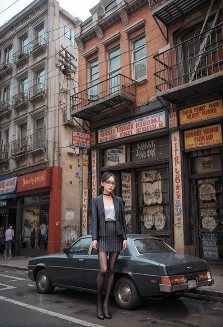 ,ruanyi0877,street,outdoors,building,car,
,ruanyi0856,striped jacket,choker,black pantyhose,striped skirt,glasses,black skirt,pinstripe pattern,cowboy shot,<lora:0877 street car_v1_pony:0.8>,<lora:0856 OL professional suit skirt 1_v1_pony:0.7>, score_9,score_8_up,score_7_up,,8k,1girl,solo,,