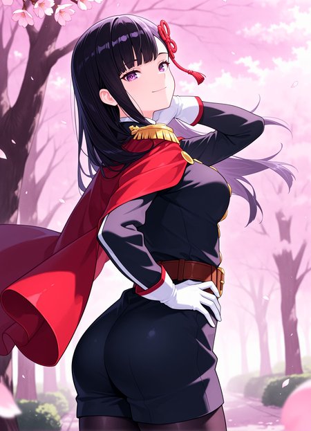 1girl,<lora:renyama_v2_sn75:1>, rrenyama, hair ornament, black military uniform, white gloves,  brown belt, epaulettes, red cape, pantyhose, side back view, turning around, looking at viewer, slight smile, hand on hip,
cowboy shot, upper body, portrait shot,
looking at viewer, cherry blossoms, petals, trees, atmospheric,
high resolution, ultra-detailed, absurdres, masterpiece, best quality, good quality, newest,