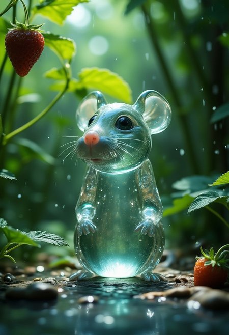 Cinematic style, realism, cinematic quality, 
"A transparent liquid gel-like mouse, a colorless liquid body, with a smooth, fluid texture, reflecting soft reflections of light, which slowly changes its shape, like a drop of water, under a leaf, standing under a strawberry, a rainy day."