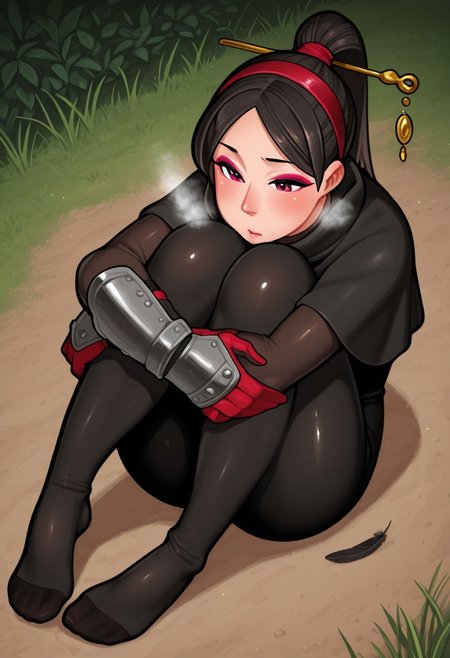 cupiko,  outdoors, undershirt, falling feathers, black bodysuit, hair stick, hugging own legs, , gauntlets,   eyeshadow,   red gloves,  high ponytail,  , black capelet, red hairband, pink eyes, 1girl, solo, feet, visible breath,   dynamic angle, foreshortening, smell, steam,