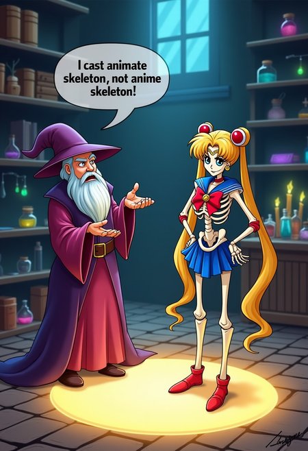 An image featuring a frustrated wizard standing in a glowing summoning circle. Next to him is a skeleton dressed as Sailor Moon, complete with the iconic sailor outfit, tiara, and boots. Exasperated expression on wizard, has a speech bubble saying, 'I cast animate skeleton, not anime skeleton!' 4k, masterpiece,