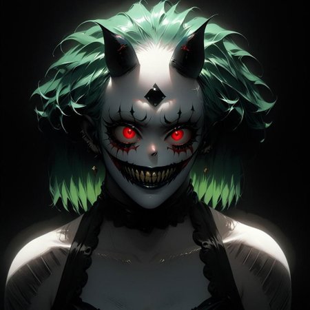 Clown demon, grotesque, horrifying, eerie, intricate, dark circus aesthetic, scarypunk, horrorcore, demoncore, masterpiece, anime style, spine chilling, hyperdetailed, photorealistic, dynamic lighting, inspired by pinterest art and nijijourney, niji style, best quality