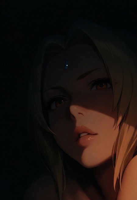 1girl, Tsunade, solo, dark, light, masterpiece, best quality, very aesthetic, close up, blonde hair, parted lips