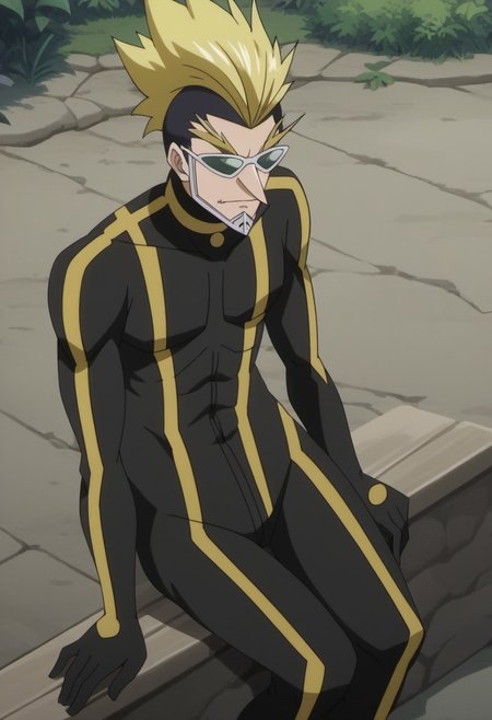 score_9, score_8_up, score_7_up, source_anime, rating_safe, SawyerFT, blonde Sawyeru hair, green Sawyeru sunglasses, Sawyeru jaw armor, 1boy, male focus, anime screencap, black-yellow Sawyer bodysuit, cropped feet, sitting,