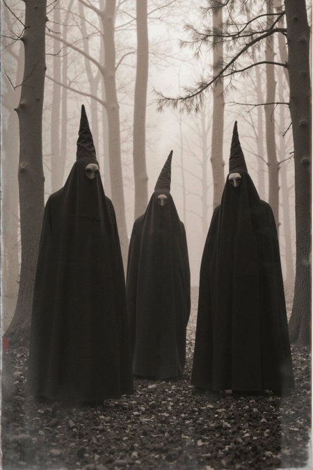 Old Postcard,A sepia-toned photograph of three mysterious figures standing in a foggy forest. Each wears a long, dark robe and tall, pointed hood that obscures most of their faces, creating an unsettling, ritualistic appearance. The forest surrounding them is dense with tall, bare trees, and the mist in the background adds an eerie, otherworldly atmosphere. Their still, silent posture, combined with the faded and worn texture of the photograph, evokes a sense of foreboding, as if capturing a secret gathering from a long-forgotten cult. The overall feel is dark, mysterious, and steeped in the supernatural.

