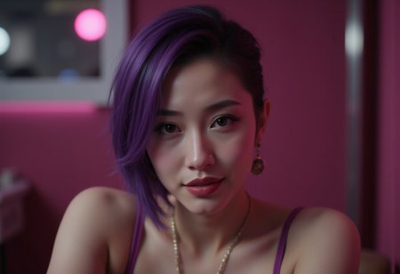 "Grand Theft Auto: San Andreas" (the videogame) style.
Portrait of a very feminine and seductive Japanese-Vietnamese 28yo woman. 
In  "Los Santos" aesthetic. 
Short hair, purple hair, side-shaved hair.
Big round earrings.
Seductive eyesight.
Lips sensually parted.
Blushing.
Subtle smiling.
Stares the viewer.
Heavy smokey makeup and lined glossy lipstick.
By "Simon Stalenhag".
Life-like details.
Cinematic. 
Dramatic. 
Dynamic. 
Extremely refined lines and and shapes.
Extremely refined details on objects.
Sharp details.
Wide range of colors.
Many details everywhere. Ray-Tracing. Anti-Aliasing. Realistic soft shadows. Low saturation colors. Insane quality. Insane resolution. Insane details. Masterpiece. 32k resolution.