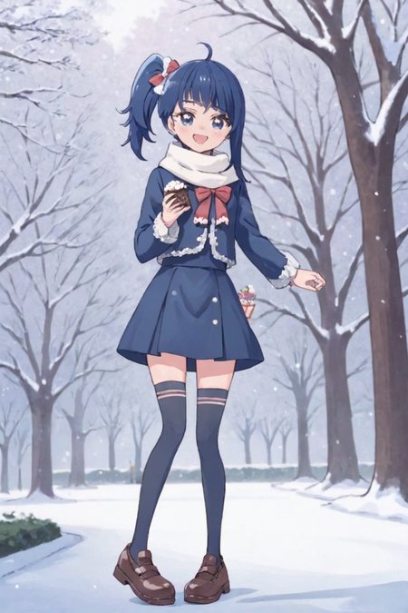 extremely detailed background, 1girl, solo, Sora Harewataru, jiraikei dress, miniskirt, scarf, mary jane shoes, lace-trimed thighhigh, standing , park, winter, snowing, smile, hair bow, handing chocolate, pov, blush, dark blue hair, <lora:Sora Harewataru XL V1-000008:0.6>
