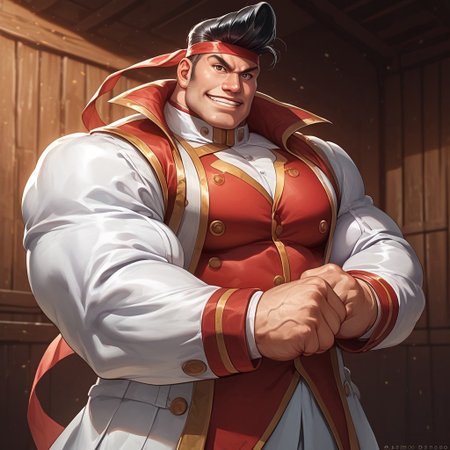 safe_pos, safe_pos, source_anime, detailed background, (score_9, score_8_up, score_7_up), zoroj, masterpiece, best quality, high quality, ultra detailed, highly detailed, high detail, artistic lighting, (highly detailed face, (perfect face, perfect eyes)), depth of field, perfect soft lighting, best shadows, perfect reflections, volumetric, detailed image, high resolution, defined faces, sharp definition,

solo, 1boy, male focus, Gong Strong, black hair, pompadour, sideburns, red headband, white jacket with long sleeves, buttoned white coat with gold trim, white pants, short red vest with gold trim, high collar, ((silver geta)), musclebears, muscular male, bara, veiny muscles, large male,

jptradhut, indoors, dynamic poses, various poses, cowboy shot, standing, looking at viewer, smile, grin,