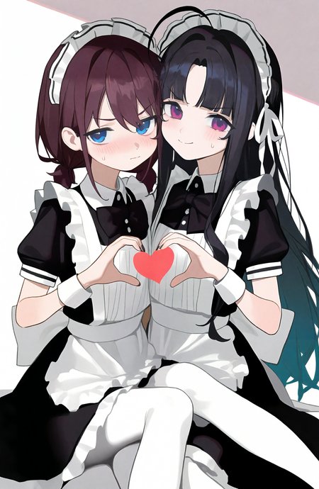 long_hair, looking_at_viewer, blush, smile, blue_eyes, multiple_girls, brown_hair, black_hair, dress, bow, ribbon, closed_mouth, 2girls, twintails, purple_eyes, ahoge, hair_ribbon, short_sleeves, heart, pantyhose, puffy_sleeves, bowtie, sweatdrop, black_dress, apron, wrist_cuffs, maid, maid_headdress, black_nails, white_apron, short_twintails, white_pantyhose, maid_apron, frilled_apron, heart_hands