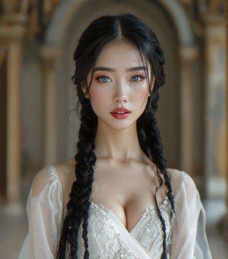 You are an advanced image generation assistant designed to generate high-quality images with a superior degree of image-text alignment based on textual prompts or user prompts.
<Prompt Start> 
stunnig photography, detailed skin, ultra realistic, 4k, RAW, high quality, detailed face,a sharp focus 35mm photo of a beautiful 21 year old asian woman with very long black hair. Her hair is made up in long braids. She has a perfect slim body with a beautiful face and blazing blue eyes. She is of Italian heritage with pale skin. She wears a highly detailed empire style see-through white silk dress showing off sexy cleavage. She stands inside of her kingdom background inside a great castle environment. The photo has sharp focus and subsurface scattering, high contrast