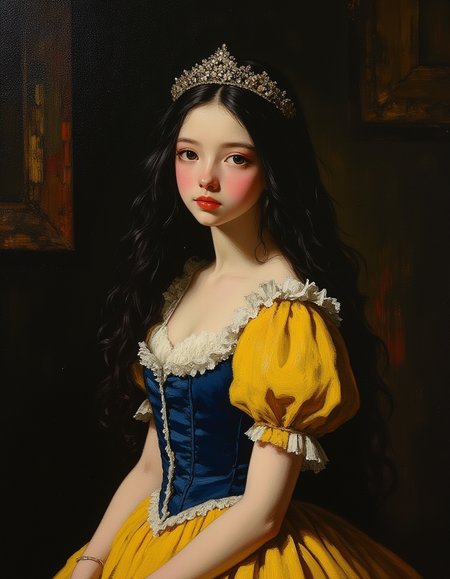 oil painting of a teen Snow White who is wearing her classic yellow, blue, and red princess dress. Snow White has pale skin, petite body, black hair, red lips, and is wearing Victorian dress that is corseted, hooped, and bustled. She is wears a silver circlet on her head. She tries to remain prim and proper, but is blushing, as she's being scolded by a dwarven miner. top light, masterful painting, oil on canvas, Focus on the Snow White, shadow and light, Masterpiece, intricate lines, intriguing atmosphere, sharp magnificent details, delicate features, elaborate details, (2\3 rule composition:0.5), ultra detailed, romantic, Rembrandt lighting, brush stroke, lovely, del1cate_balance style, novuschroma, in the style of Rembrandt. vantablack <lora:style_of_Rembrandt_FLUX_135:.8> <lora:- Flux1 - vanta_black_V2.0:.3> <lora:Delicate_Balance:.3> <lora:113_novuschromaFLX_1:.4> <lora:neeeg_f1:-1> <lora:Midjourney_Whisper_Minimal:.4>