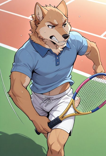 <lora:YuuichiV5:0.8>, solo, yuuichi, male, manly, brown eyes, polo shirt, white shorts, sportswear, holding tennis racket, midriff peak, sweat flying, clenched teeth, playing tennis, motion lines, dynamic angle, outdoors, tennis court, masterpiece, 4K, separate focus, best quality, amazing quality, very aesthetic, high resolution, chromatic aberration, dynamic lighting, extremely-detailed, depth of field, newest, scenery, detailed fur, detailed muscles, furry