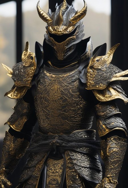 samurai dragon, glowing eyes, body wearing shiny satin black and silver metal samurai armor,intricate ornate weaved gold filiegree, fine detail, extremely detailed, unreal engine