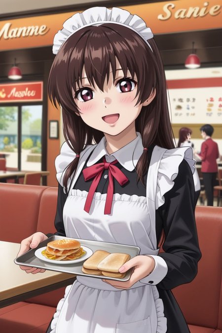 source anime, detailed, official art, masterpiece,
<lora:HandFineTuning_XL:1>
BREAK,
restaurant, indoor, blurry background,
holding menu, open smile, blush,
BREAK,
<lora:mayu_pdxl_v01:0.7> 
gsdmayu, brown hair, long hair, brown eyes, sidelocks, tied sidelocks, low tied hair, hair ribbon, ribbon tie, maid dress, maid headdress, maid costume,