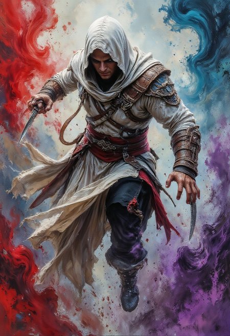 Cinematic style, Illustration, close-up,
Painting of Altaïr Ibn-La'Ahad, An action-packed scene of a hooded assassin in a flowing white cloak, mid-leap as they perform an acrobatic attack. The assassin is dressed in detailed armor with hidden blades extended from their wrists, their face partially obscured by the hood. The background is a swirl of vibrant colors, including bold reds, blues, purples, and greens, creating a sense of energy and motion. The swirling colors mimic a painterly, abstract style, blending together with brushstroke effects, giving the scene a dynamic and chaotic atmosphere. The assassin's movement contrasts with the surrounding splashes of paint, as though they are emerging from the colors, with the abstract background blending into their form. The image has a rich, impressionistic quality with high attention to the play of light, shadow, and motion, drawing the viewer's eye to the character while keeping the background expressive and bold.