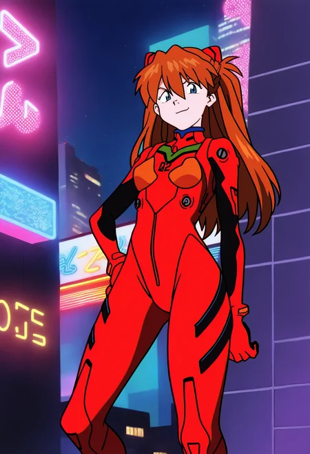 best quality, amazing quality, very aesthetic, absurdres,
BREAK
1girl, asuka langley, red plugsuit, standing, smug, looking at viewer, futuristic background, neon light , buildings, night,   <lora:GundamWingNoobLocon_byKonan:1>