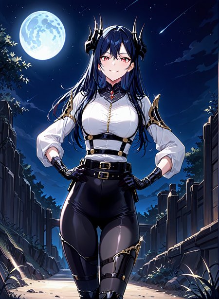 <lora:Caera_Denoir__The_Beginning_After_the_End__Illustrious (1):1>
Caera Denoir, 1girl, solo,dark blue hair, long hair, intricate demon horns, red eyes, tight white blouse with golden buttons, , high-waisted black fitted pants, black gloves, black high-heeled boots, gothic armored shoulder pad, 
score_9, score_8_up, score_7_up, very aesthetic, source_anime, detailed, high quality, beautiful, masterpiece, very aesthetic, high definition, amazing quality, highres, absurdres, outdoors, looking at viewer, smile, grin, hands on hips, night, blue moon