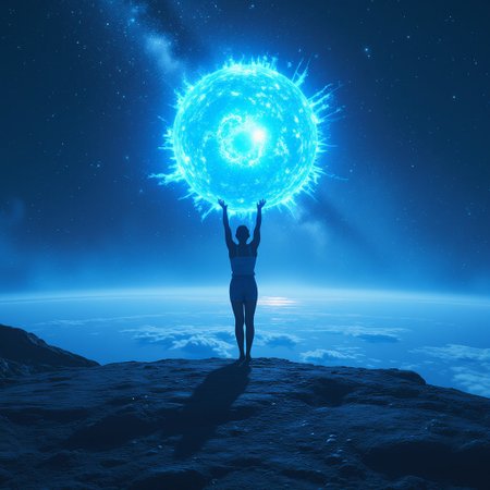 Handstand on an alien surface, carrying the whole spirit bomb on hands , phtoto taken from space, ultra details, impossible fantasy, super sayin, blue aura