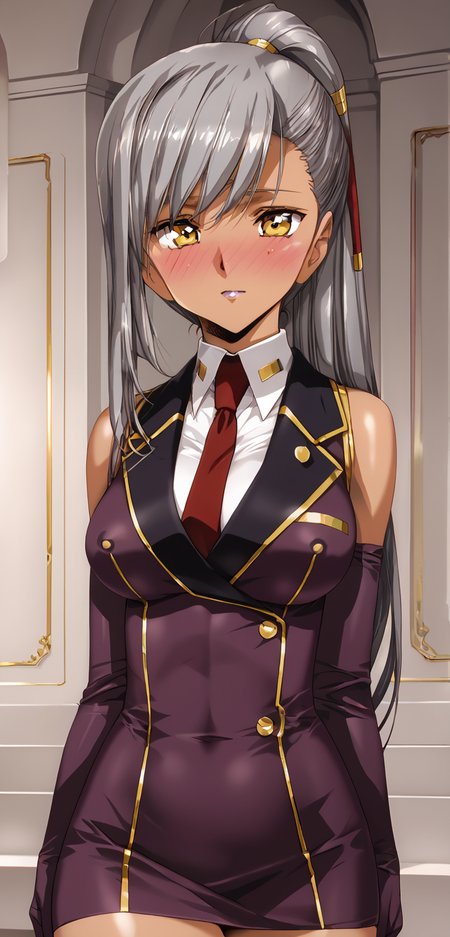 1girl, masterpiece, highres, high quality,
score_9, score_8_up, score_7_up, score_6_up, source_anime,
(mature female),  
BREAK
indoors, (blush:2),  seductive smile, smile
covered nipples, 
BREAK
BREAK
VillettaNu,dark skin,dark-skinned female,grey hair,long hair,yellow eyes,lips,
necktie,purple elbow gloves,ponytail,purple uniform,black pencil skirt,black thighhighs,<lora:Urushihara Satoshi_XL_PONY_V2:0.9>,<lora:ã´ã£ã¬ãã¿ï¼:0.8>