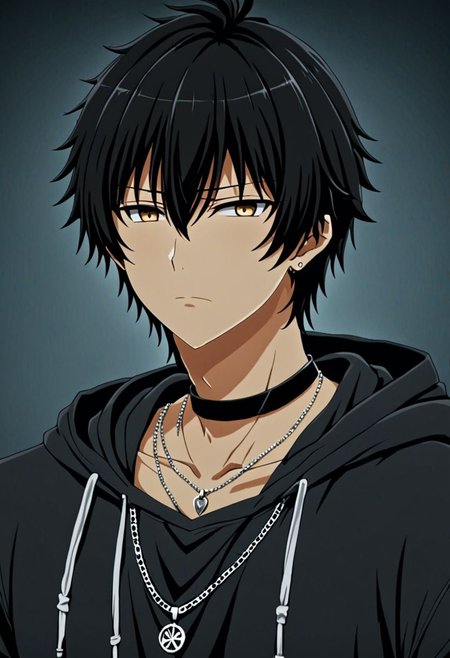 high resolution, solo, best quality, 1Boy, Seiya Kanie, black hair, short hair, bangs, necklace, choker, hair between eyes, Hoodie, OverallDetail