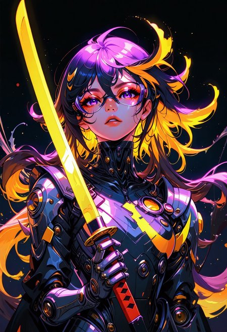 ckym, in the style of ckym, masterpiece, best quality, good quality, very aesthetic, absurdres, newest, 8K, depth of field, focused subject, artist:moriimee, BREAK  intricate linework with expressive contrasts, soft lighting with dynamic highlights, image of a Japanese cyborg woman, android body with robot arms, inticate wires and circuits, sci-fi knight armour, cyberpunk glasses, long bioluminescent hair, flowing hair, bangs, holding a glowing neon katana, looking at the viewer, dark background, bokeh, viewed from above