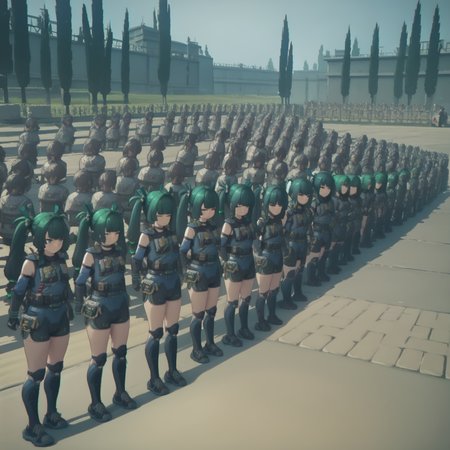 score_9, score_8_up, score_7_up, score_6_up, source_anime, 8k, detailed, hires, absurdres,
<lora:qingyi.pony:1>, qingyi, green hair, twintails,
<lora:Troop_rest_position_ancient_battlefield-pony:1>, army, 6+girls, resting,
