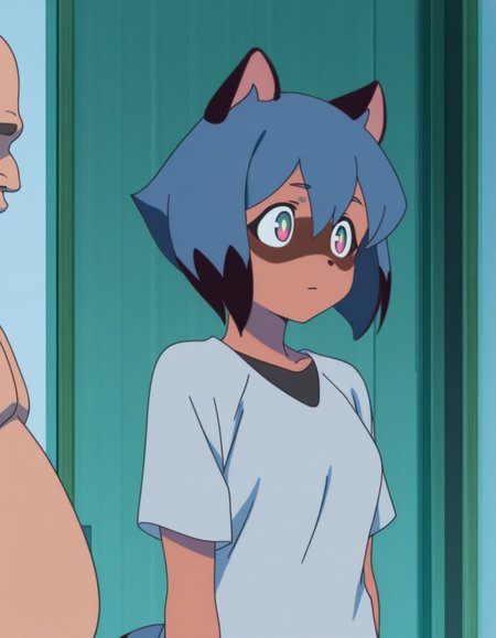 masterpiece, best quality, amazing quality,, <lora:michiru-kagemori-s1-illustriousxl-lora-nochekaiser:1>, michiru kagemori, short hair, black hair, animal ears, blue hair, multicolored hair, furry, furry female, raccoon ears, body fur, raccoon girl,  raccoon tail, tail, mature female, small breasts, anime screencap, <lora:faceless-ugly-man-illustriousxl-lora-nochekaiser:1>, faceless ugly man, faceless, ugly man, fat, faceless male, fat, bald, mature male,,