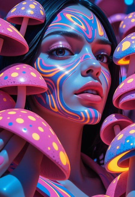 Close-up of bright, beautiful woman with dazzling pink lips with psychedelic, hypnotic curved patterns. Magic particles float around the lips, creating a festive, psychedelic atmosphere. Glowing mushrooms in vivid colors and textures surround the scene, emitting radiant, otherworldly light.