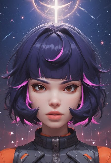 (score_9, score_8_up, score_7_up), g0thicPXL, glowing, neon, WarcraftStyle, masterpiece, best quality, highly detailed, intricate details, extremely detailed, smooth lines, masterpiece, no text, quality highlights, 8k detail, detailed background, waist-up portrait, (((pastel colors, high contrast,expressiveh,)))
...
1woman, (((Juno (overwatch), purple hair, multicolored hair, pink hair,)))), adult, mature, (((floating in zero gravity))), (sexy pose), (perky breasts, slender figure, cute butt)
...
(Space background, starry sky, detailed background, artistic and intricate background)