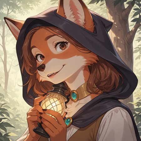 (8k, RAW photo, best quality, masterpiece:1.2), (photorealistic:1.2), ((best quality)), ultra high res, extremely detailed, cinematic lighting.

(MarianC:1.05), female, (fox ears), (fox girl), highly detailed brown fur, Highly detailed fur, (highly detailed perfectly-drawn brown eyes:1.25), flat shaded.

A female fox stands alone in a forest clearing, surrounded by towering trees. Her cloak is damp from the mist clinging to the ground, and her wide eyes scan the darkness as unnatural whispers echo from the shadows. Clutching a flickering lantern in her paws, she turns slowly toward the faint sound of snapping twigs behind her.

Extreme Close-up, absurdres, dynamic lighting, extremely detailed, Hyperrealistic, exquisite detail, immersive atmosphere.