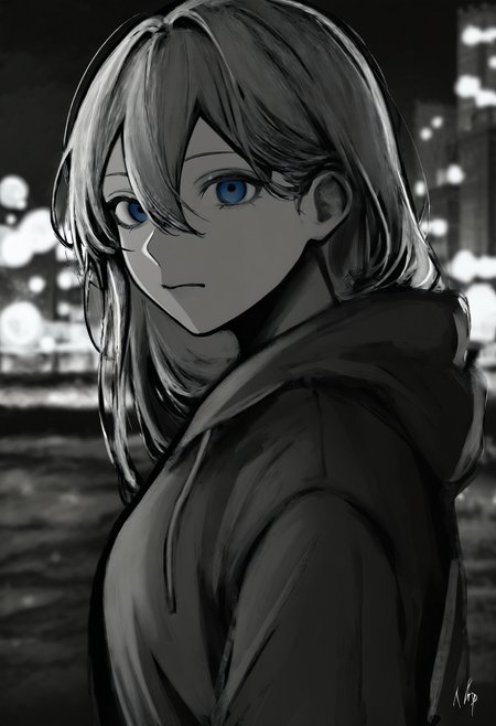 <lora:TnhocXQ=-noobaiXLNAIXL_epsilonPred_V110_V1-CAME>, Tnho, monochrome, greyscale, solo, long hair, hood, 1girl, looking at viewer, upper body, red hoodie, night, hoodie, closed mouth, blurry, hood down, blurry background, city lights, blonde hair, sky, from side, night sky, outdoors, blue eyes, signature, hair between eyes