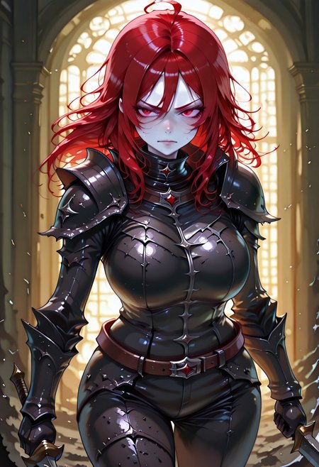 masterpiece, best quality, highres, absurdres, amazing quality, high resolution, 
Red Eyes, Red Hair, pale skin, Black Medieval Armor, leather straps
curved blade, swinging sword, angry, hand raised up