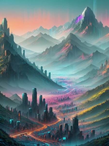 cityscape, mountains, mad-cybrpnkimprss, natural color palette, cyberpunk, impressionism, (masterpiece:1.2), best quality, (hyperdetailed, highest detailed:1.2), high resolution textures