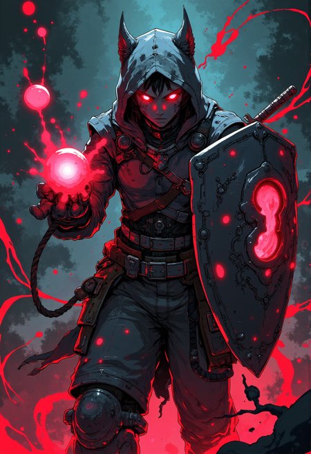 a dynamic and intense 3d cgi render featuring A mysterious Dungeon warrior with red face, holding a magic orb in one hand and a shield made from a wolf's head in the other. The magic orbs burst out abstract splashes of swirling magic energy. He is dressed in bright armor with scales and vibrant accents, ready for battle with an intensive stance. In the style of hauntingly atmospheric dark fantasy, abstract splashes of vibrant colors.<lora:Let_It_Blaze_in_Crimson_anime_v1.0:0.8>