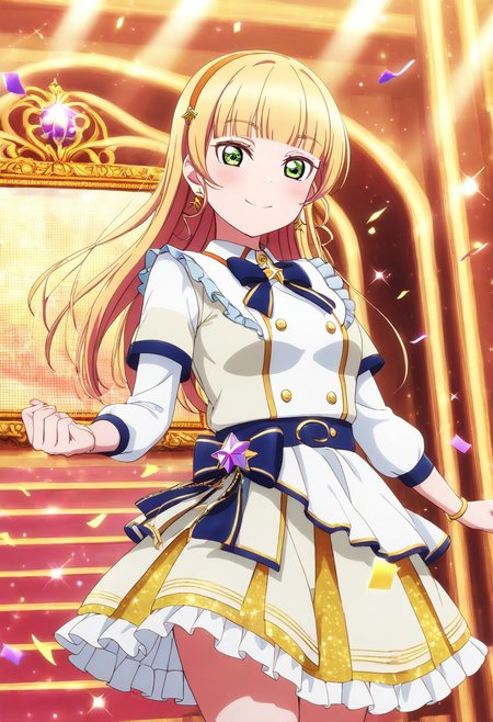 masterpiece, best quality, solo, 1girl, aged up, happy, 
 heanna_sumire, sumire_heanna, long hair, bangs, blonde hair, green eyes, blunt bangs, hairband, orange hairband, dazzling star idol outfit, gold and white sequin dress, ruffled skirt, layered sleeves, sparkling earrings, spotlight-filled stage, star-shaped confetti, mirror ball overhead, confident smile, radiant and show-stopping performance