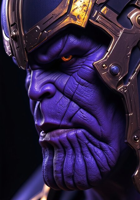 Close-up portrait of Thanos, likely a character from a fictional universe.  Deep, saturated shades of blue and violet dominate the image, with hints of gold and orange highlighting certain areas.  The skin texture appears deeply wrinkled and textured, conveying great age and possibly an alien or otherworldly quality.  Intense, focused gaze, with an expression of profound contemplation and possibly a hint of malice.  The subject's facial features are exaggerated, with prominent, deep-set eyes and a firm mouth.  The character appears to be wearing an elaborate, metallic, armor-like helmet or headpiece.  Dramatic lighting, likely coming from a focused directional source, casts strong shadows and highlights, emphasizing the details of the wrinkles and textures on the face.  Highly stylized and detailed; detailed lighting and shading, close-up composition, and vibrant hues, creating an artistic and striking image;  unspecified style, possibly futuristic or science fiction.