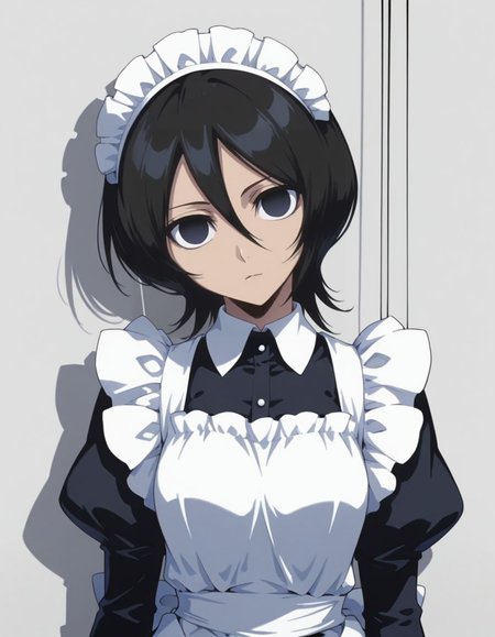 masterpiece, best quality,  <lora:Mind_Controlled_Rukia:1>, 4ukia, short hair, black hair, dark blue eyes, expressionless, empty eyes, (head tilt, maid:1.2), upper body, arms at sides,  doll strings, puppeteering,