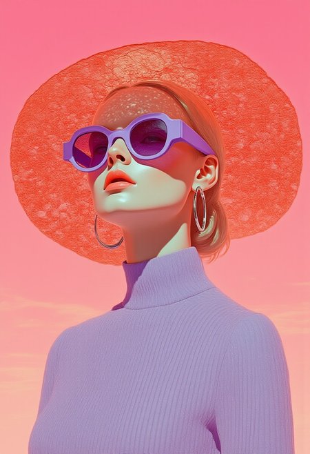 **A vibrant, high-energy photograph with glowing colors captures a bold and playful fashion statement against a radiant pastel pink sky. The woman poses confidently, wearing an oversized, circular hat made entirely of rich coral lace, its intricate floral and geometric patterns casting delicate, shifting shadows over her fair-skinned face and upper body. The lace’s airy texture contrasts sharply with the soft pink backdrop, creating a mesmerizing visual harmony. Her sleek platinum blonde hair is styled in a low bun, accentuating her elegant profile. She wears oversized lavender sunglasses that exude a futuristic glow, perfectly complementing her high-necked, ribbed lilac top, whose textured fabric adds depth and dimension. Her glossy peach lips and large silver hoop earrings introduce a refined yet striking contrast, blending modern sophistication with bold, avant-garde energy. The glowing palette of coral, lilac, and pastel pink enhances the sense of radiant confidence and artistic expression, celebrating the dynamic fusion of color, texture, and form.** gongbihua, shanshui