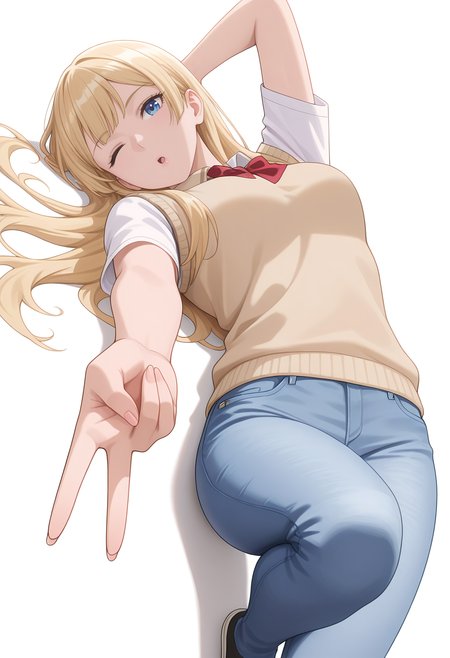Smooth Quality,masterpiece,very intricate, high quality details, ultra realistic, high detailed skin,
simple background, white background,
dynamic angle,;o,gyaru v,lying down, hands behind head, one knee bent, relaxed expression, casual vibe,  ,
sweater vest, ,jeans, , 
<lora:Rembrandt_Sifcnn:0.8> RembrandtSif/cnn, 1girl, solo, long hair, blonde hair, blue eyes,