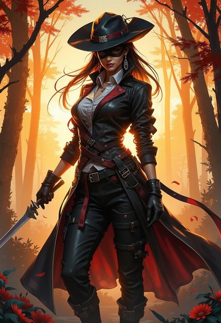 A digital painting in the style of ck-js,  portrait of a stunning chinese highwaywoman, tricorne hat, long earrings, long leather coat, eye mask, standing in forest clearing, sunset