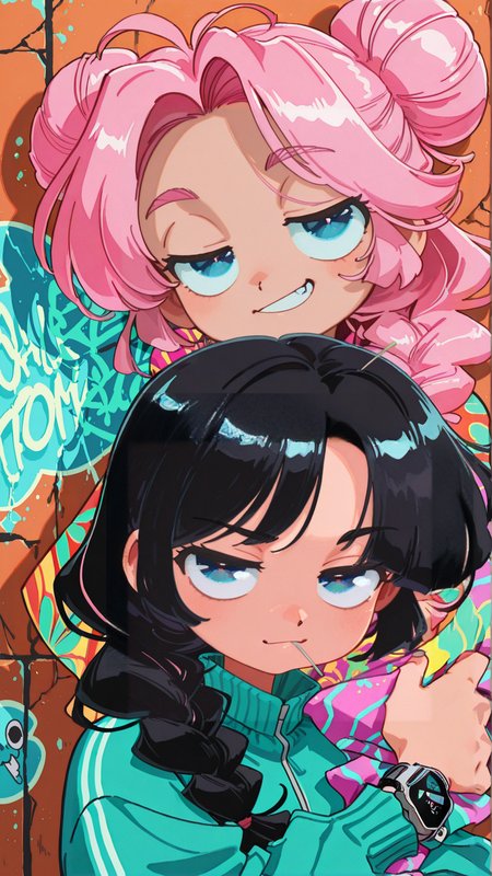 masterpiece, newest,absurdres,incredibly absurdres, best quality, amazing quality, very aesthetic, painterly, toon \(style\), 
2girls, portrait, blunt tresses, blue eyes, long hair, bun with braided base, black hair, pink hair, long hair, braided ponytail, colorful poncho, tracksuit, smirk, graffiti wall, cracked wall, orange wall, sticker, (hugging:1.2), digital watch, (toothpick:1.4), 
<lora:hrn_yc:1> hr2_yc_illu, <lora:t4kar4i_shunsuk3:1> t4kar4i_illu,