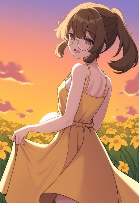 newest, from behind, solo, 1girl, smile, open mouth, looking back, looking at viewer, skirt hold, long hair, brown hair, ponytail, brown eyes, round eyewear, glasses, yellow sundress, spaghetti strap, bare shoulders, outdoors, sunset, cloud, grass, flower field
<segment:yolo-Anzhc Face seg 640 v3 y11n.pt,0.5,1//cid=11>