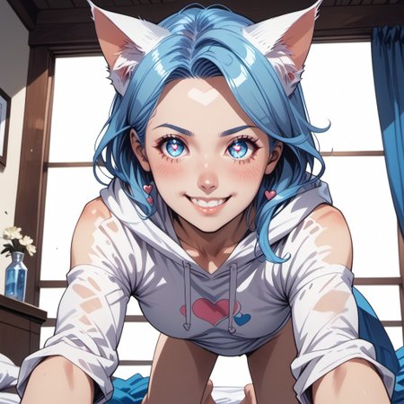 score_9, score_8_up, score_8, commix style, 1girl, Catgirl, slimes_aizome, solo, blue hair, white cat ears, white cat tail, heart eyes, oversized hoodie, on bed, all fours, leaning forward, face focus, highly detailed, dynamic angles, dynamic pose, very amazed, smile, big eyes, Expressiveh, vivid colors, looking at viewer, low angle, view from below