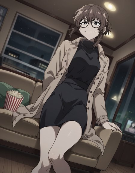 score_9, score_8_up, score_7_up, source_anime, <lora:anko-uguisu-s1-ponyxl-lora-nochekaiser:1>, anko uguisu, short hair, brown hair, glasses, black eyes,, dress, black dress, coat, turtleneck,, living room, television, couch, popcorn, watching movie, night time, sitting,, smile, , foot on tiptoe, hand behind back, elbow bent, solo,, cowboy shot, dutch angle