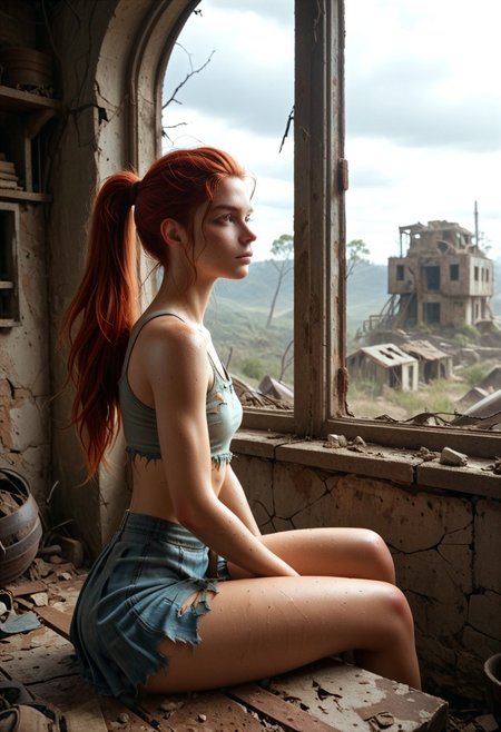 1woman, Masterpiece, 8k, ultra high detail, score_9, score_8_up, score_8, 21yo,  small breast size, long red ponytail hair, fcNeg, stunning green eyes, freckles, white skin, small nose, innocent beauty, slim face,  skinny athletic body, perfect body, supermodel, extreme detail, light Sweating, 
Dirty skin, ready to fight, never giving up, dirty clothes, torn clothes, 
Native Tribal clothes, Waterworld_clothes with long native_skirt_ripped_side, 
Sitting inside a window_frame of a industrial ruin, cracked concrete, view from outside, huge_industrial_complex, 
Heat_shimmer,  wasteland, destroyed industrial_ruins, Collapsing buildings in near background, 
End of the World, ruined industrial_zone
negative_hand, NightScapes,