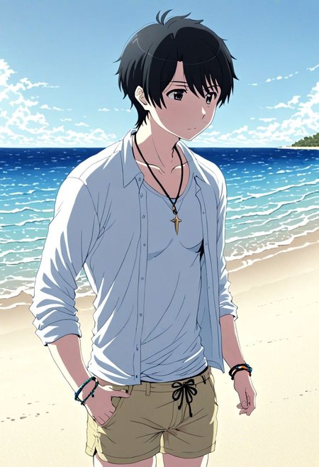 high resolution, solo, best quality, 1Boy, Inaho Kaizuka, Black Hair, beach, calm, clear sky, candid, open shirt, shorts, sixpack, necklace, bracelet, OverallDetail