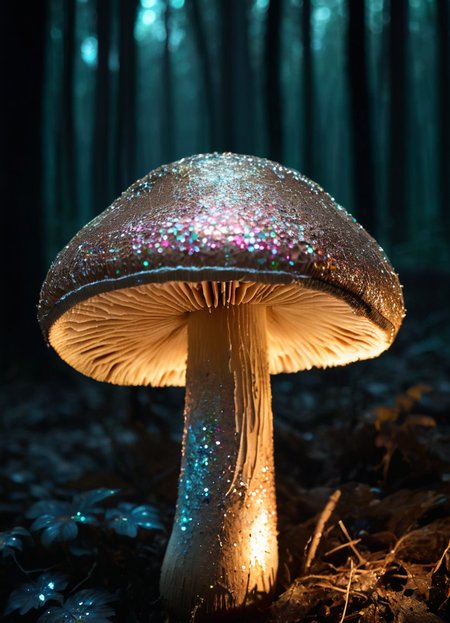 photo of a mushroom with GlitterStyle, makeup, in the dark forest,
 <lora:GlitterStyle_sdxl:0.8>