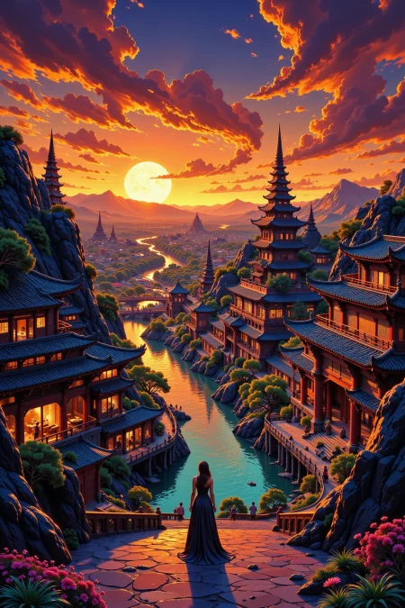 An oriental fantasy city beautiful  landscape, sunset, woman, very intricate, very detailed, sharp, bright, colorful, <lora:Hand v2:0.5> <lora:Anti-Blur:1><lora:Insane Detail Slider:0.25>  <lora:flux.1_lora_flyway_Epic-detail_v2:0.3> <lora:fluxenhancer:0.25>  <lora:ROWER:0.6>