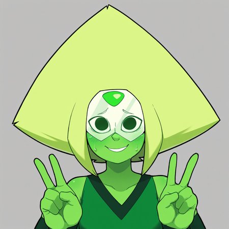 masterpiece, best quality, good anatomy, detailed face, detailed eyes, 5 fingers, solo, 1girl, peridot \(steven universe\), forehead gem, triangle hair, blonde hair, colored skin, green skin, visor, front view, looking at viewer, simple background, character concept, clothed, nervous smile, peace sign, upper body portrait,